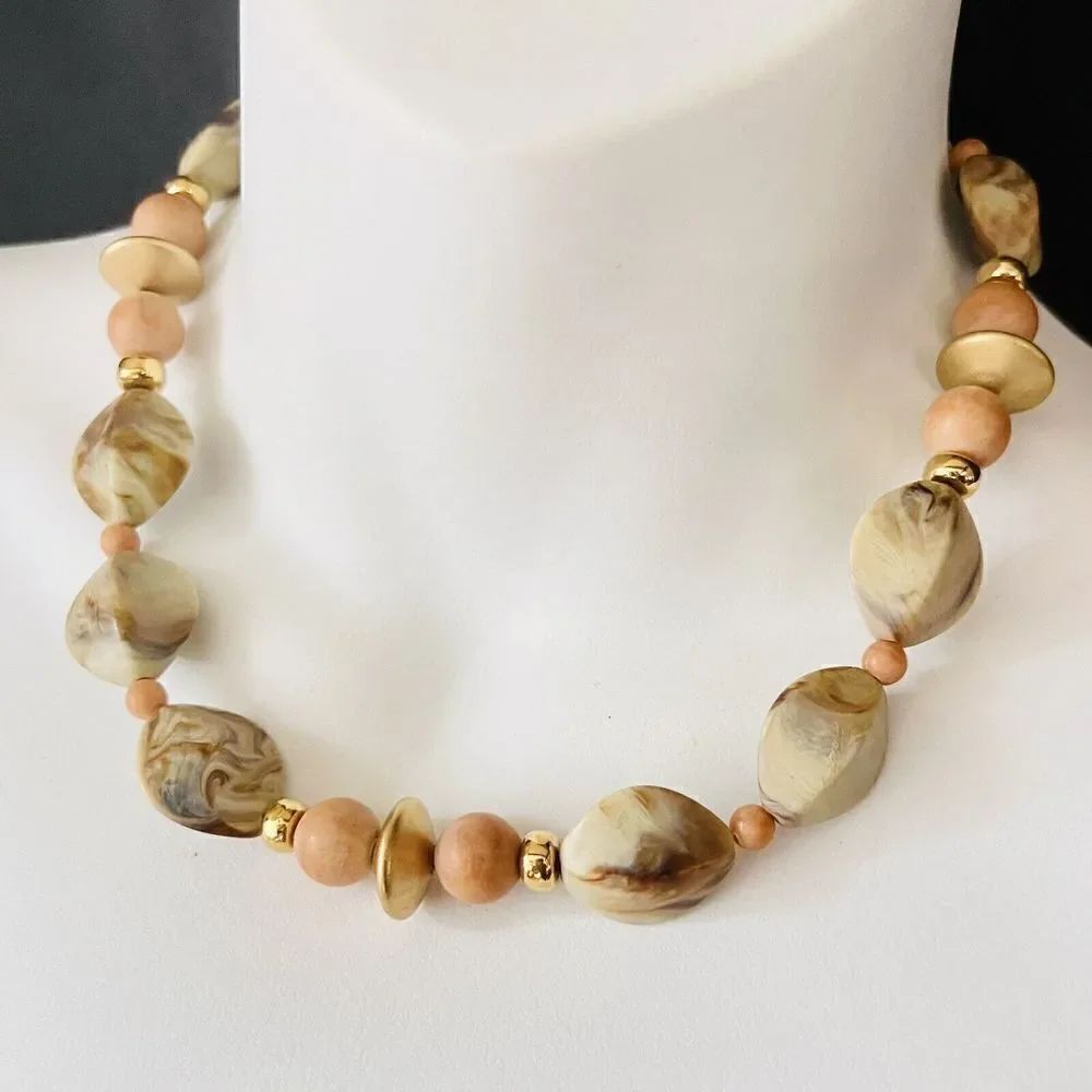 Vintage Napier Signed Lucite Marbled Earth Tone Gold Beaded Necklace Chunky 4110